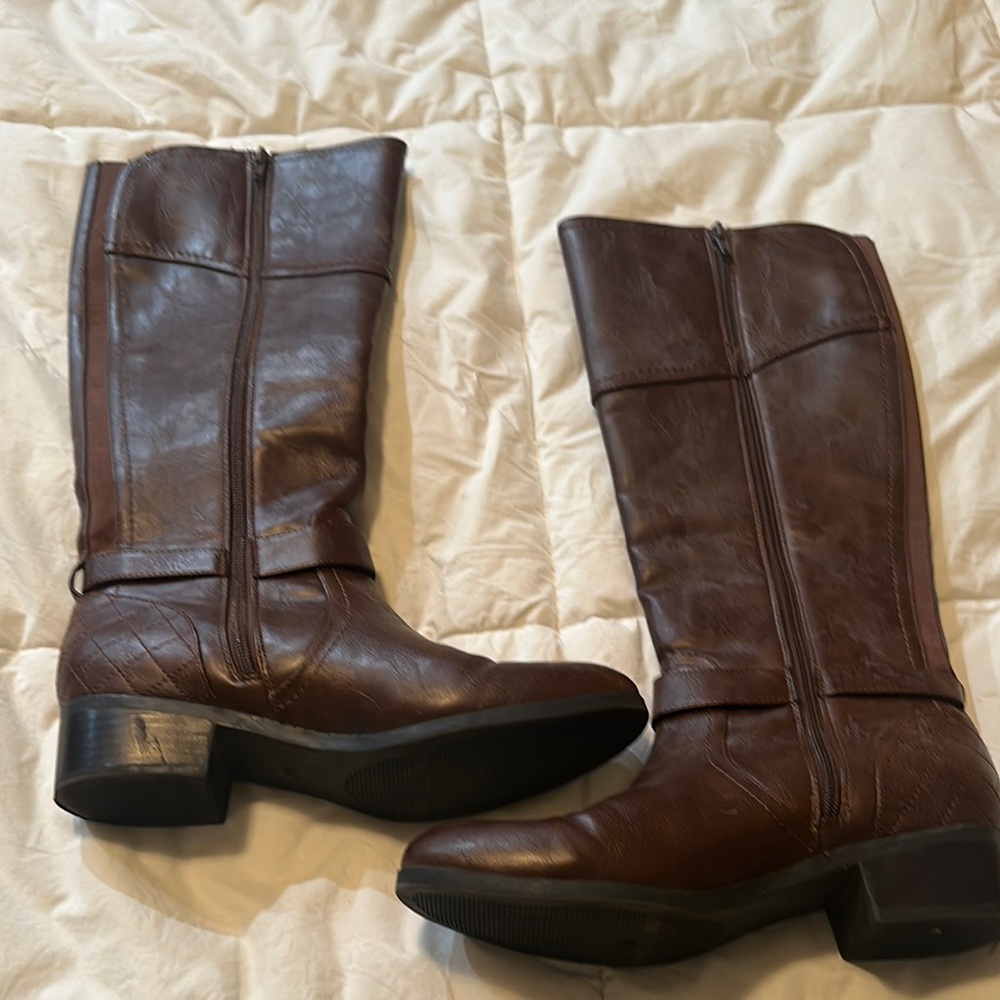Brown Leather Over the Knee Boots with Textured Finish